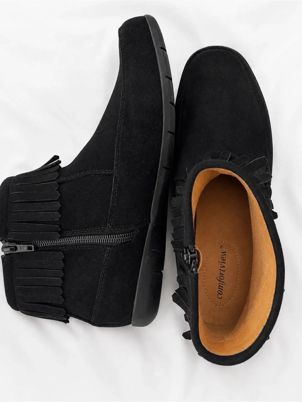 comfortview Black Suede Fringe Zip Ankle Booties